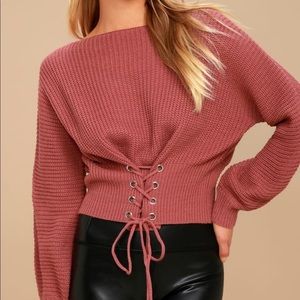 dusty rose lace up knit sweater